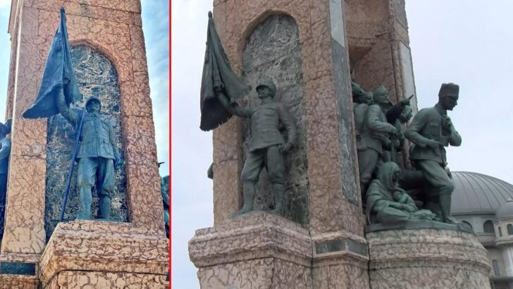 Taksim Cumhuriyet Anıtı’ndaki sancak direği yine kırıldı