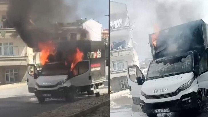 Deodorant kutusu bomba gibi patladı, kamyonet küle döndğü