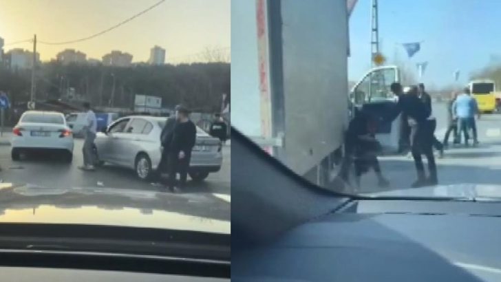 Sürücülerin tekmeli yumruklu kavgası kamerada