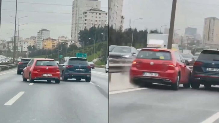 Trafikteki tehlikeli inatlaşma kamerada